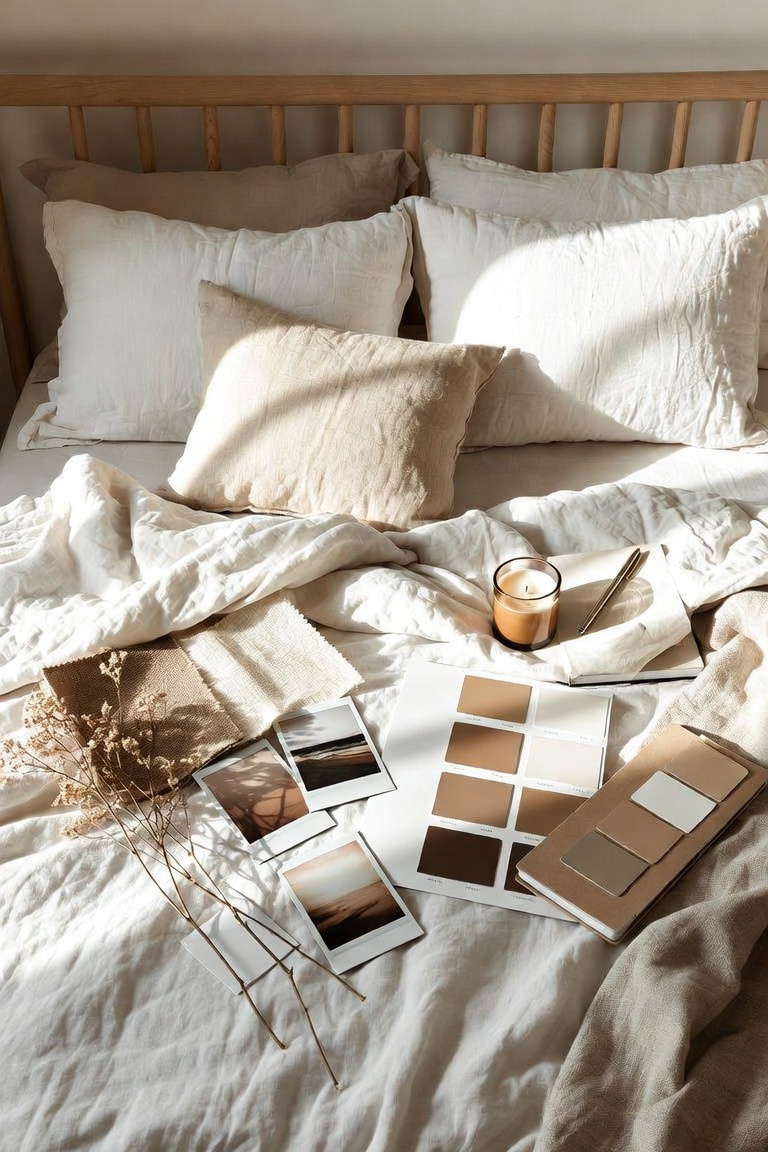 aesthetic bedroom mood board flat lay with fabric swatches paint chips polaroids dried flowers and candle