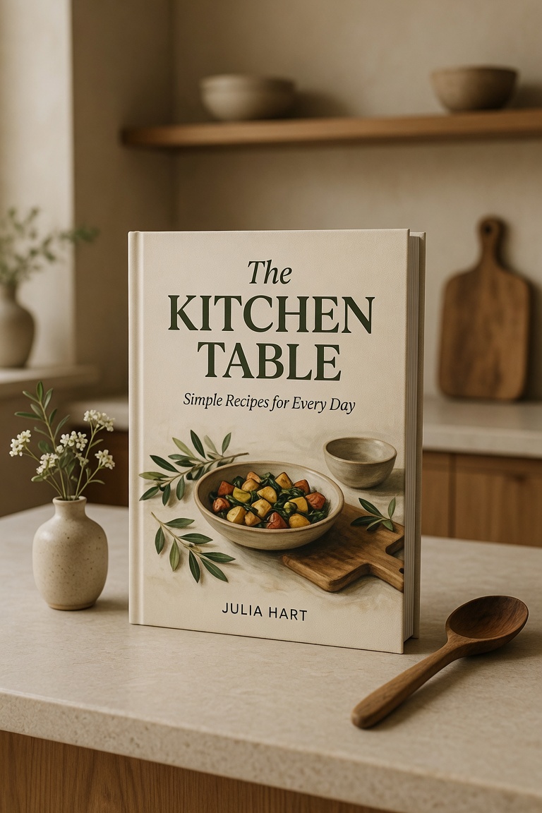 oversized cookbook displayed upright on kitchen counter beside small vase of flowers and wooden spoon