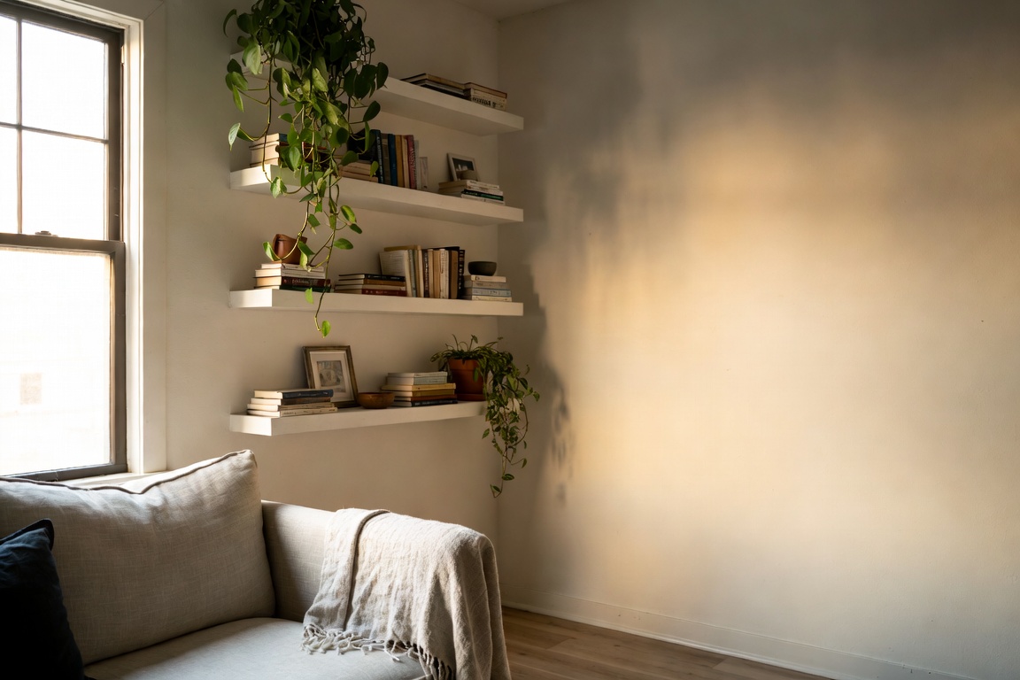 small living room corner with floating shelves books trailing plant and soft linen sofa