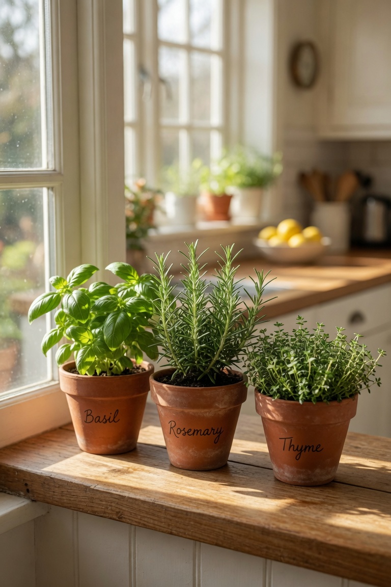 small potted herb garden on kitchen windowsill basil rosemary thyme in terracotta pots morning sunlight