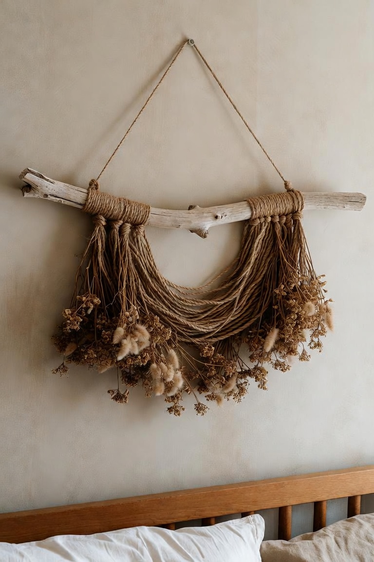 DIY wall hanging made of driftwood branch natural rope and dried flowers boho interior above bed