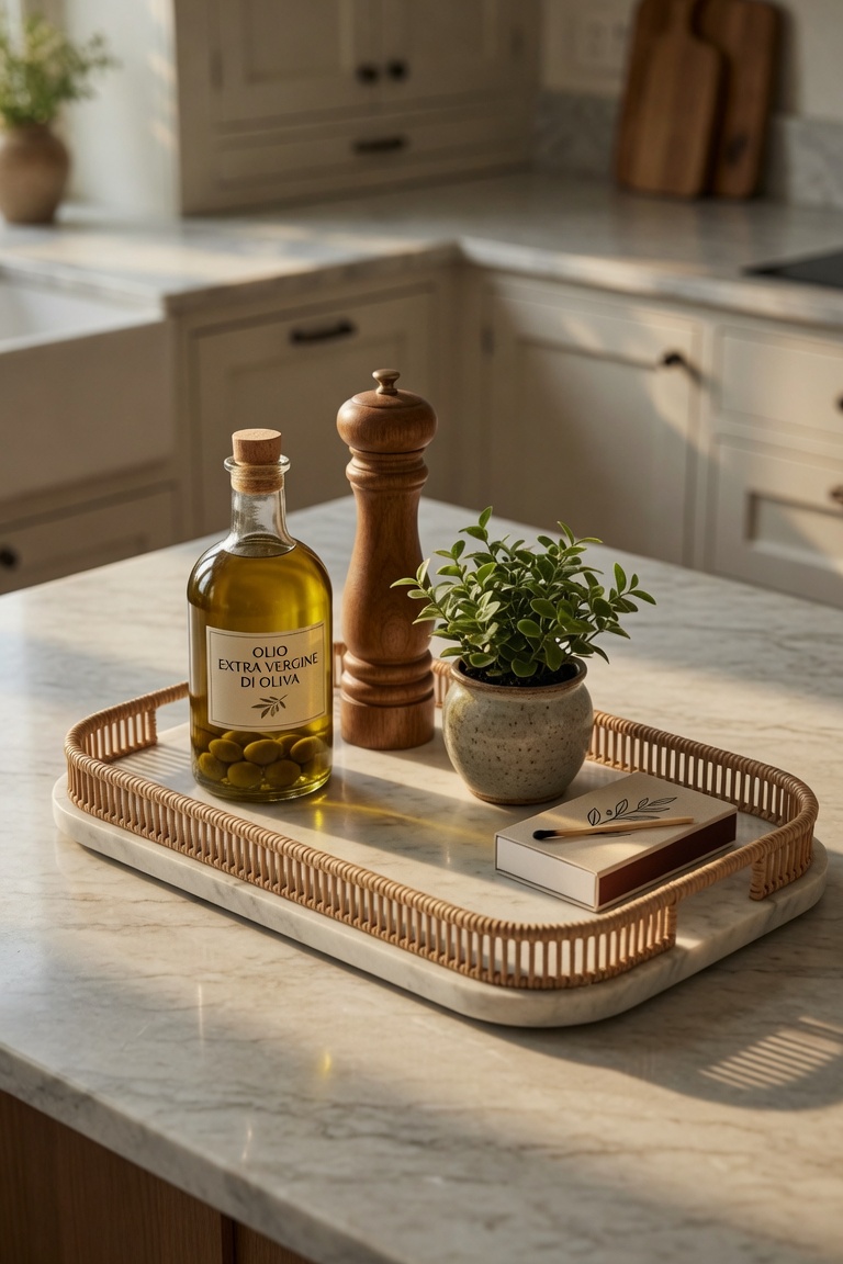 kitchen countertop marble tray with olive oil salt grinder small plant and matches elegant styling