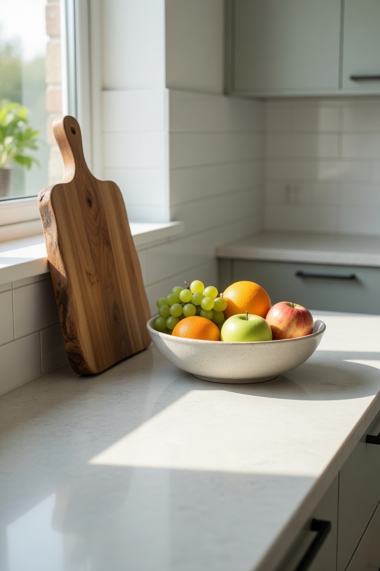 clean kitchen countertop with minimal display cutting board and fruit bowl keep hide display method