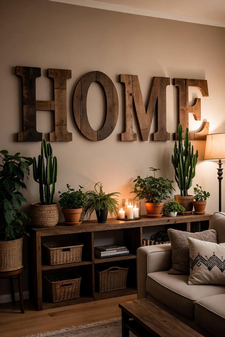 large decorative wooden letters spelling HOME on living room wall styled shelf below with plants and candles