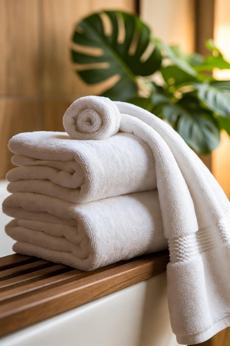 teak wood bath mat on clean bathroom floor beside freestanding bathtub natural materials spa