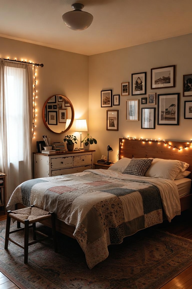 budget friendly aesthetic bedroom makeover with thrifted furniture DIY gallery wall string lights and IKEA basics