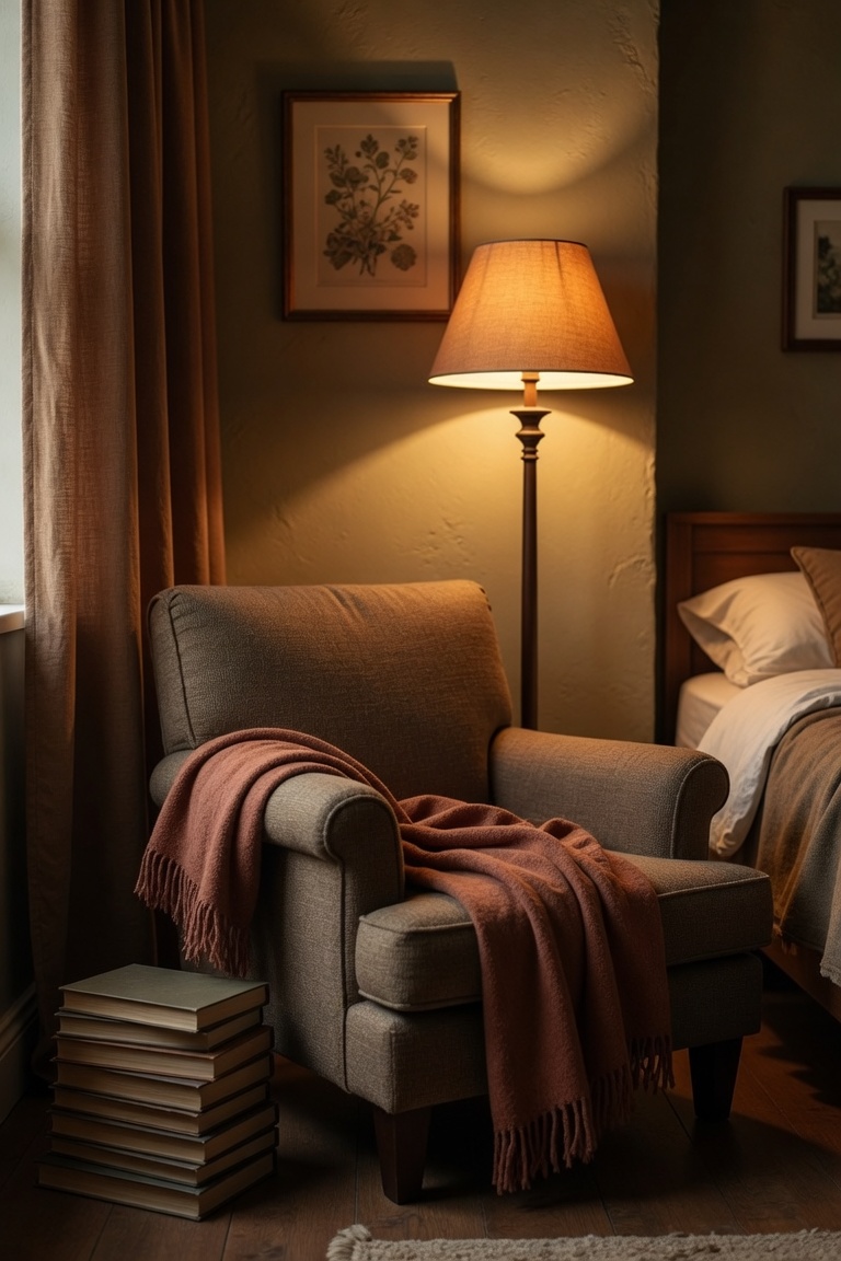 minimalist cozy bedroom at golden hour with white walls dried pampas grass in vase and layered pillows