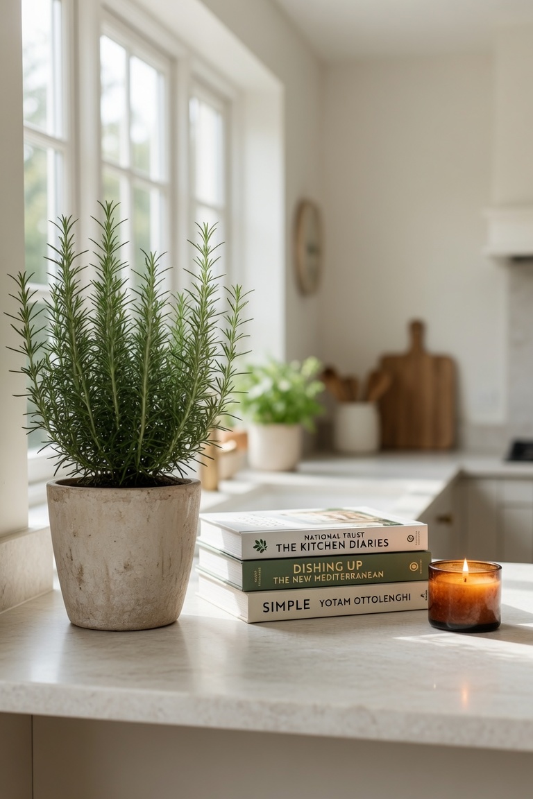 kitchen counter styling with height variation tall herb plant cookbook stack and small candle