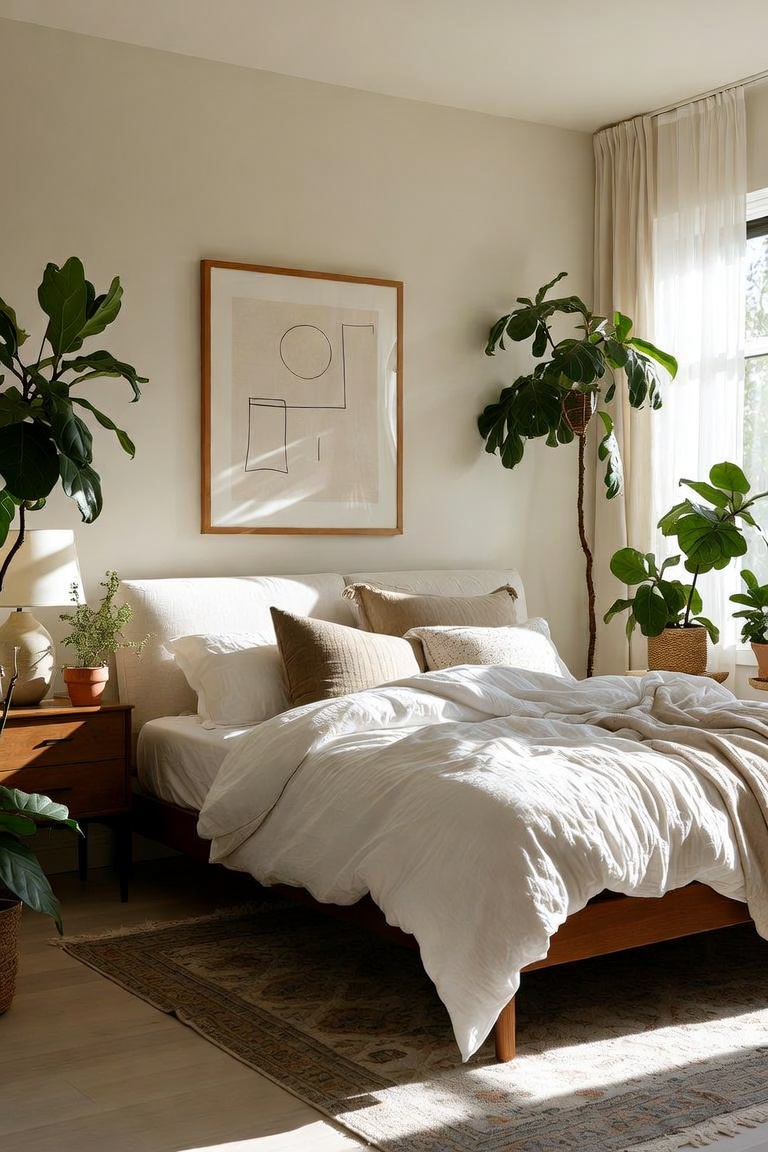 inspirational aesthetic bedroom perfectly styled morning light plants art luxurious bedding Pinterest worthy