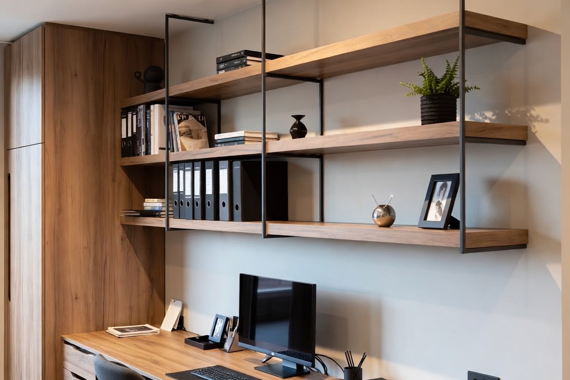 calming neutral color palette in home office with warm wood accents