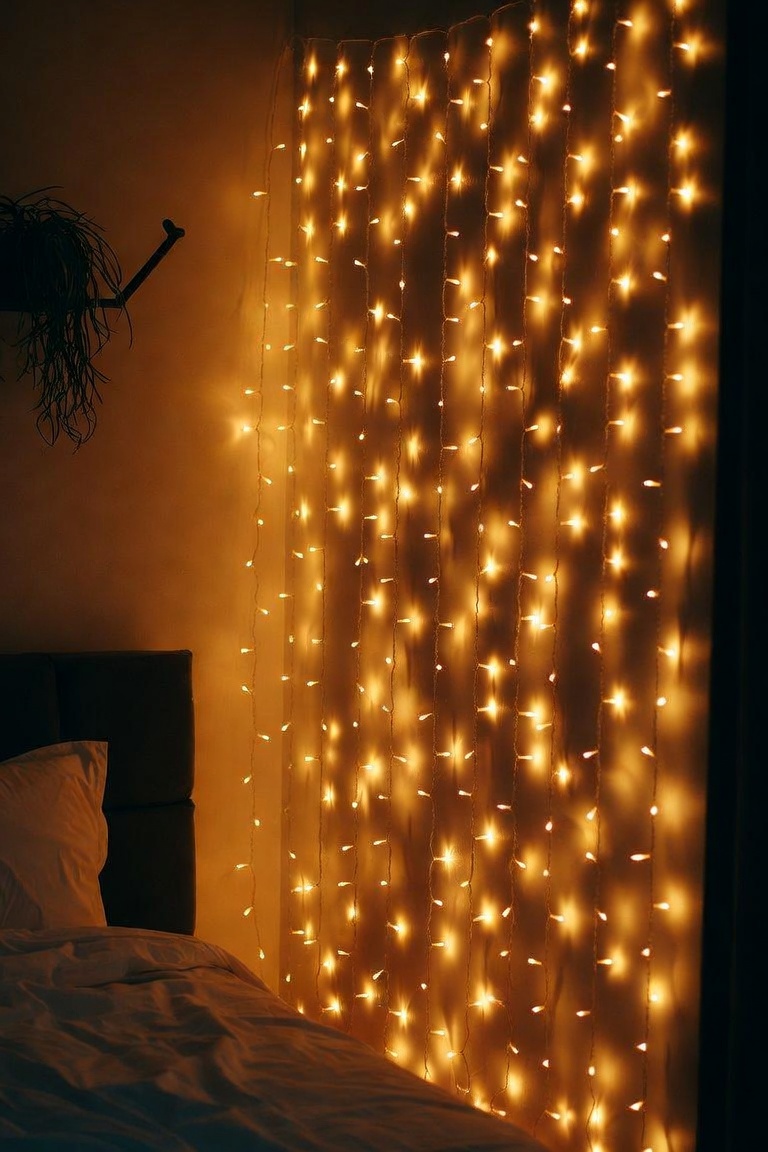 bedroom wall with cascading warm string fairy light curtain backdrop golden glowing cozy atmosphere