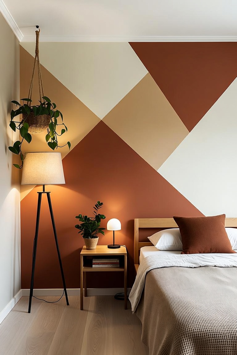 bedroom with hand-painted geometric accent wall in terracotta and cream tones minimal furniture and plants