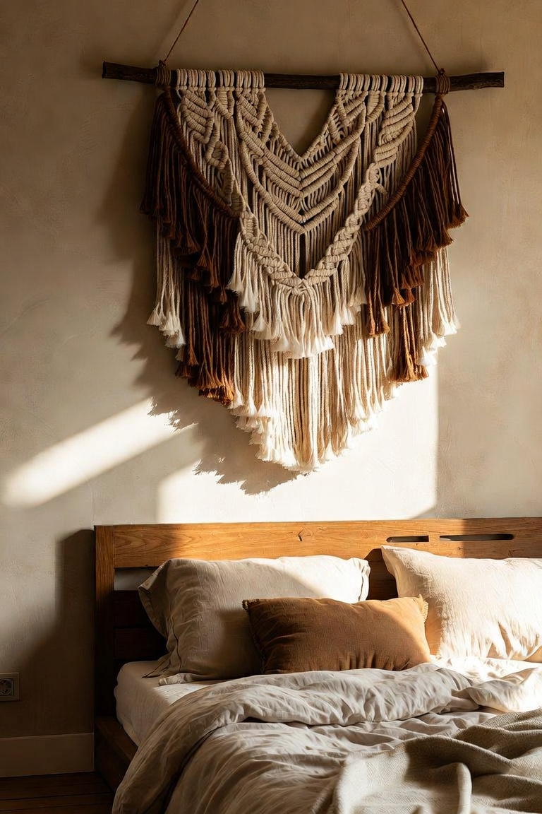 bohemian macramé woven wall tapestry as bedroom focal wall above bed neutral earthy tones boho interior
