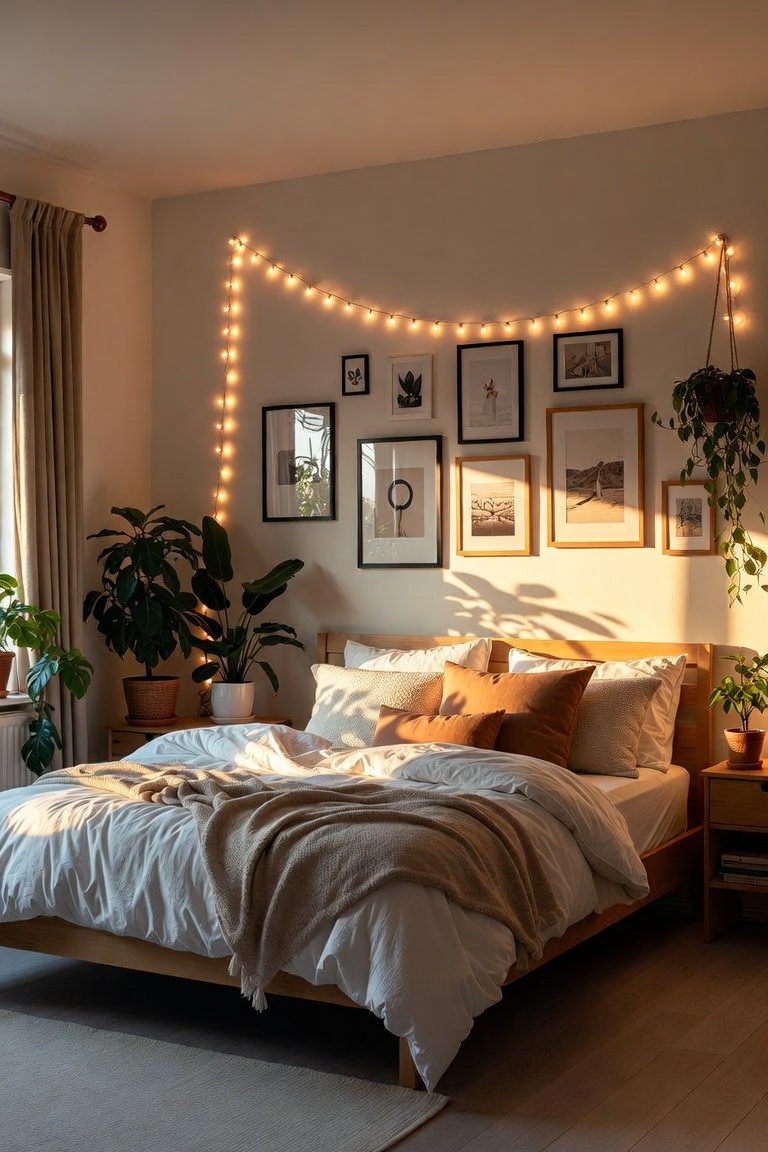 bedroom showing four design foundations quality bedding good lighting focal wall and greenery minimal aesthetic