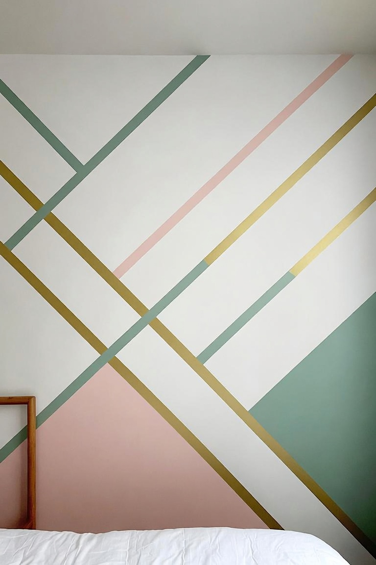 bedroom wall with creative washi tape geometric pattern in sage green blush pink and gold minimalist aesthetic