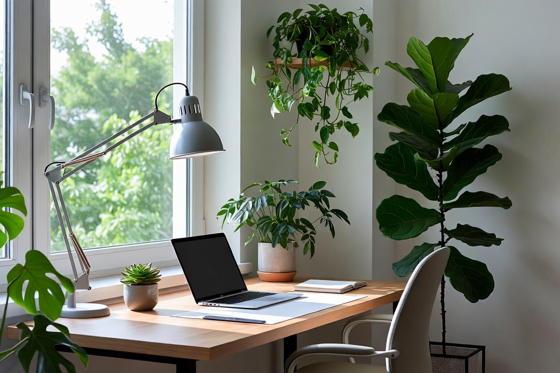 layered lighting setup in home office with adjustable desk lamp