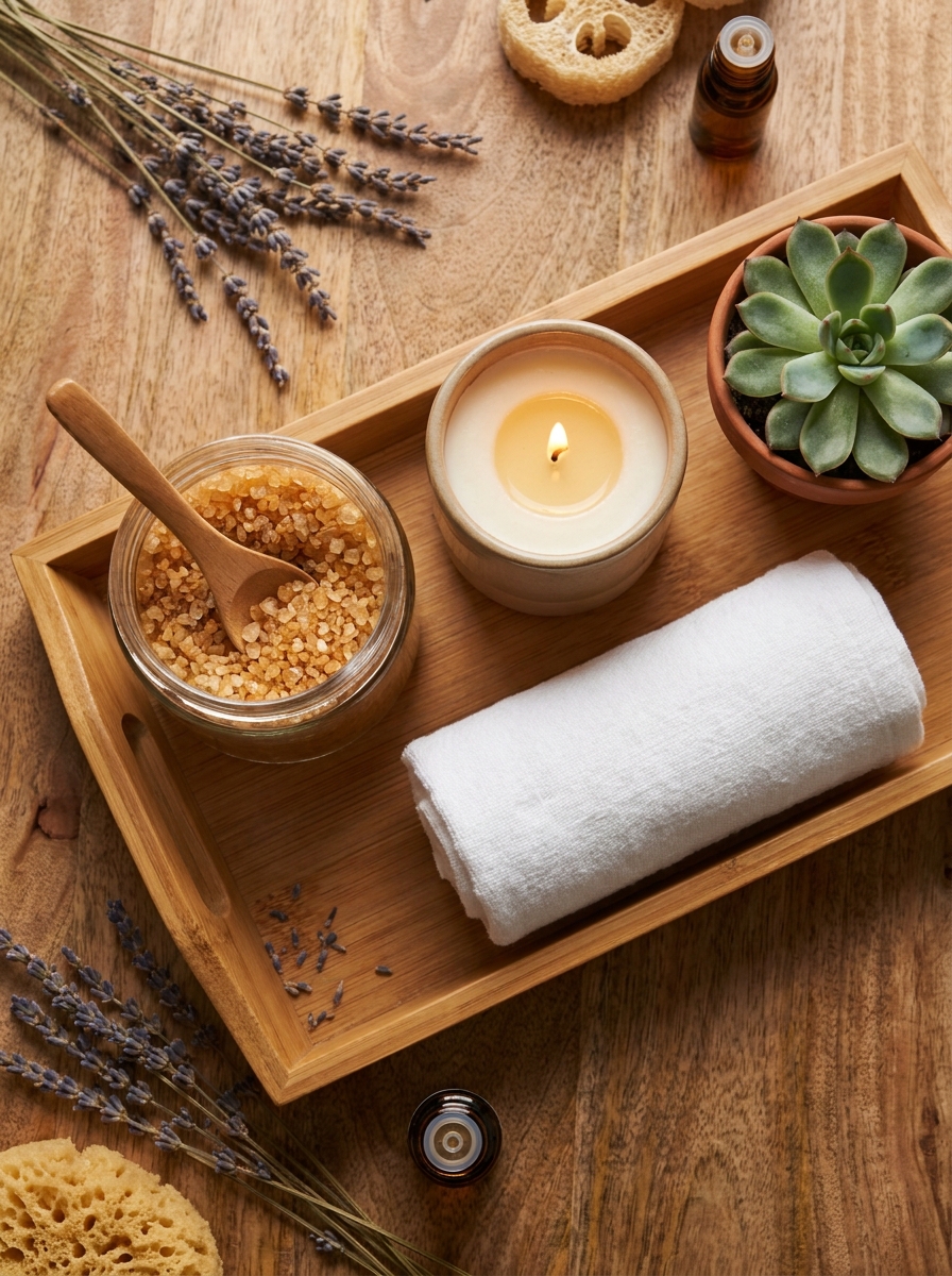spa bathroom flat lay with bath salts candle rolled white towel small succulent and bamboo tray