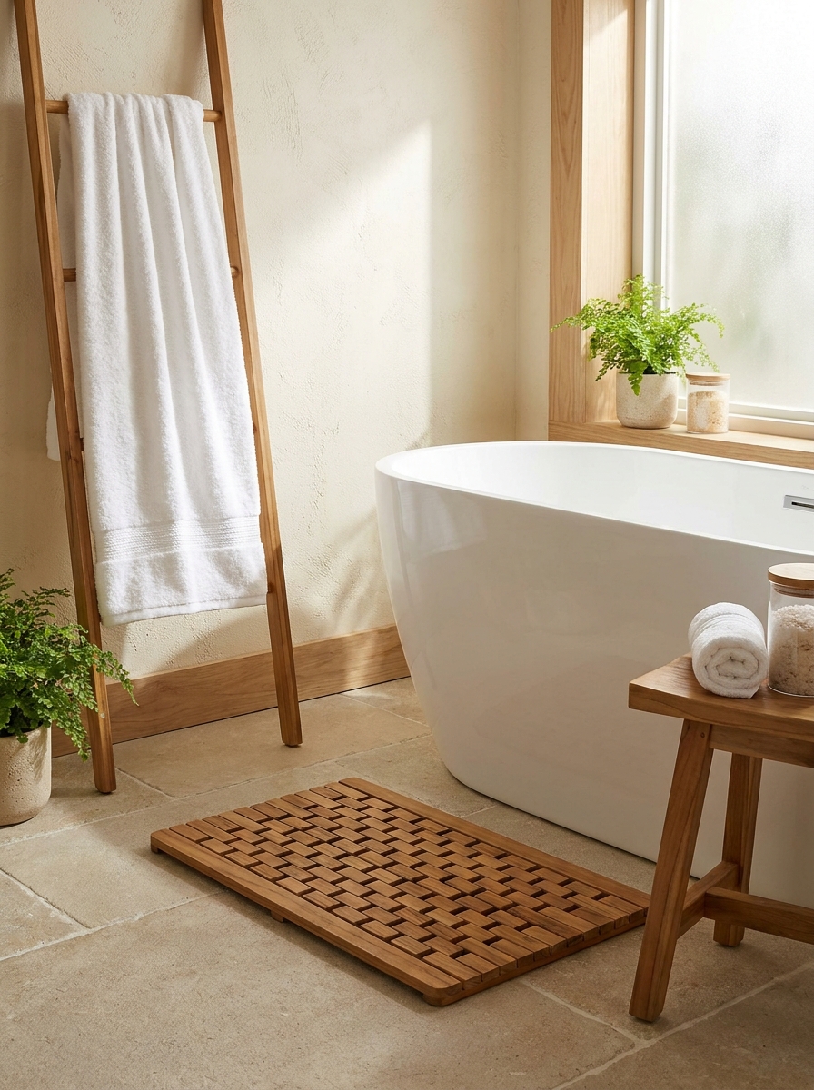 teak bath mat beside white freestanding tub with white fluffy towel hanging spa bathroom retreat