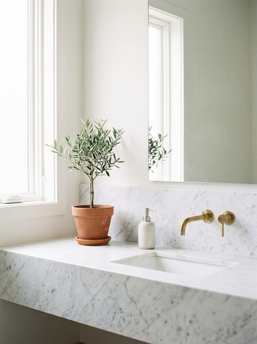 ultra clean minimalist bathroom counter white marble surface airy spa atmosphere organized ruthlessly
