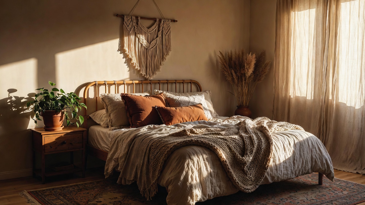 boho bedroom nightstand styling with rattan lamp crystals and small succulent