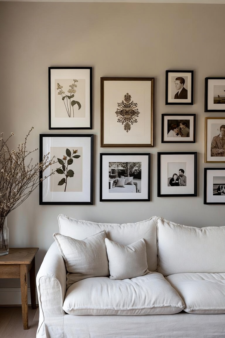 boho gallery wall above white linen sofa mix of black frames botanical prints and abstract art varying sizes