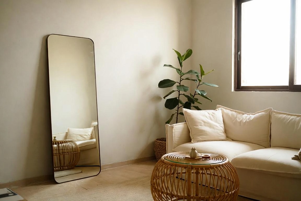 small living room with vertical curtains large plant and sage green accents feeling spacious