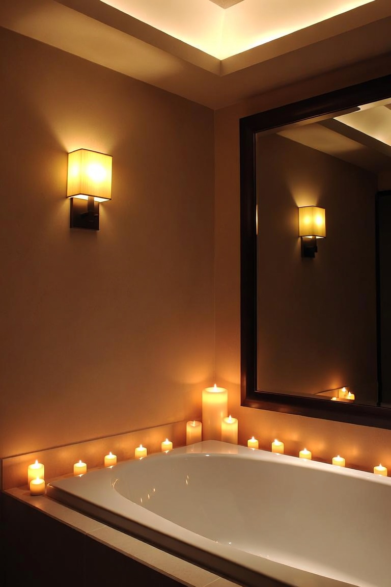 spa inspired bathroom with eucalyptus greenery candles and rolled towels on bamboo tray budget spa