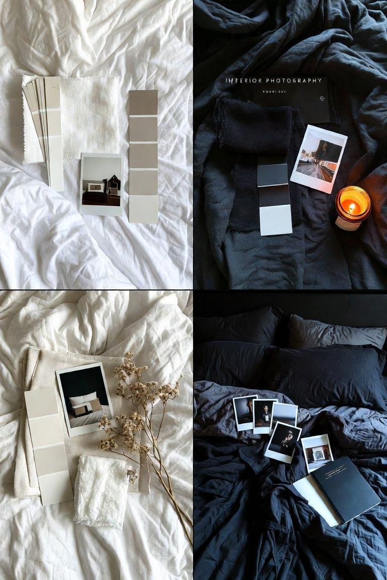 split view showing minimalist white aesthetic bedroom versus dark moody maximalist bedroom style contrast