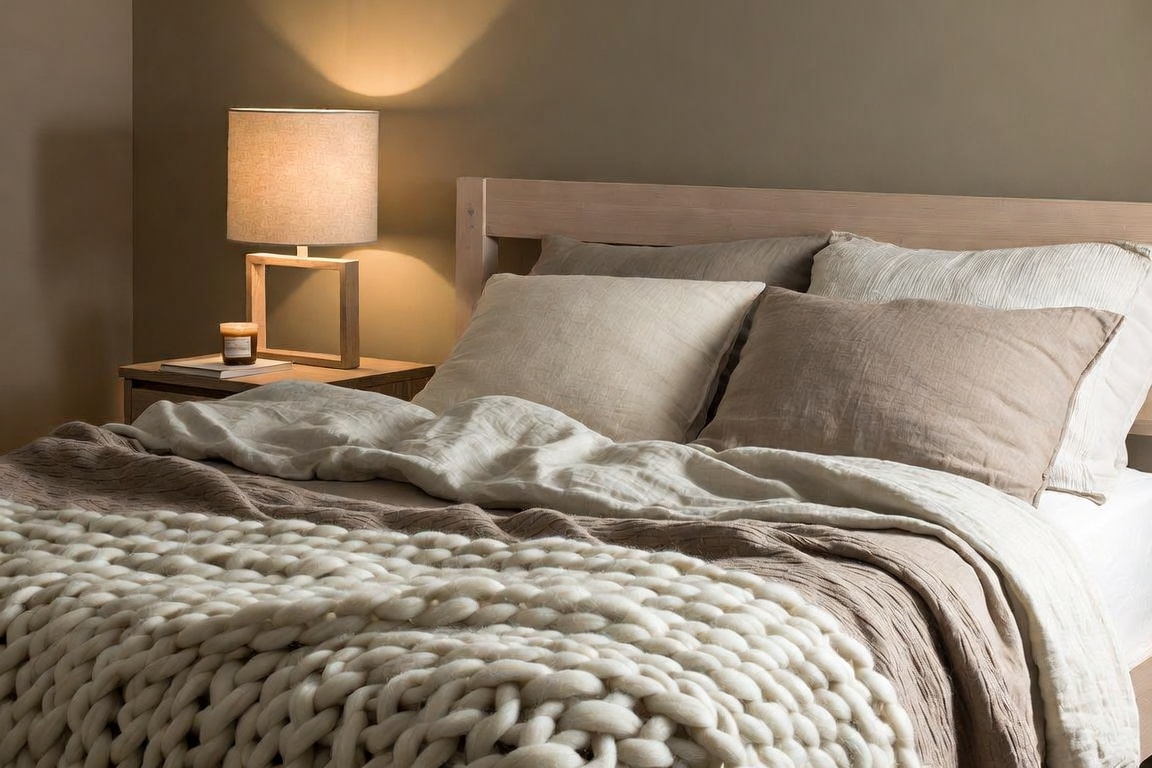 cozy budget bedroom with layered neutral bedding chunky knit throw and warm lamp light