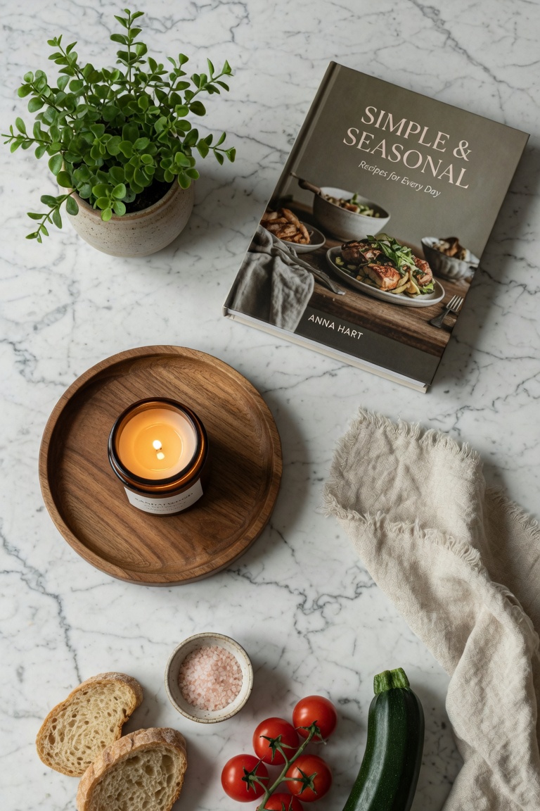 kitchen styling flat lay with small plant cookbook tray candle and linen cloth on marble surface