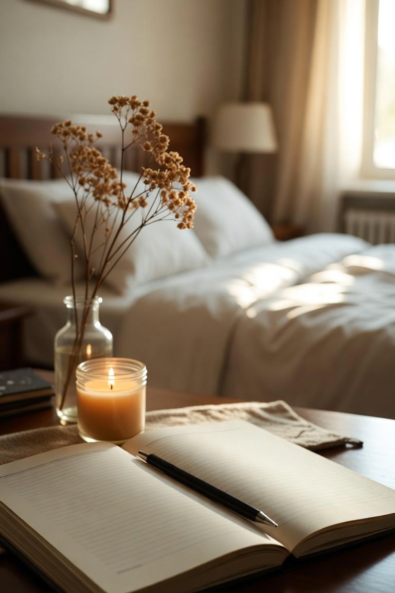 cozy aesthetic bedroom nightstand detail with open journal pen small candle and dried flower in morning light