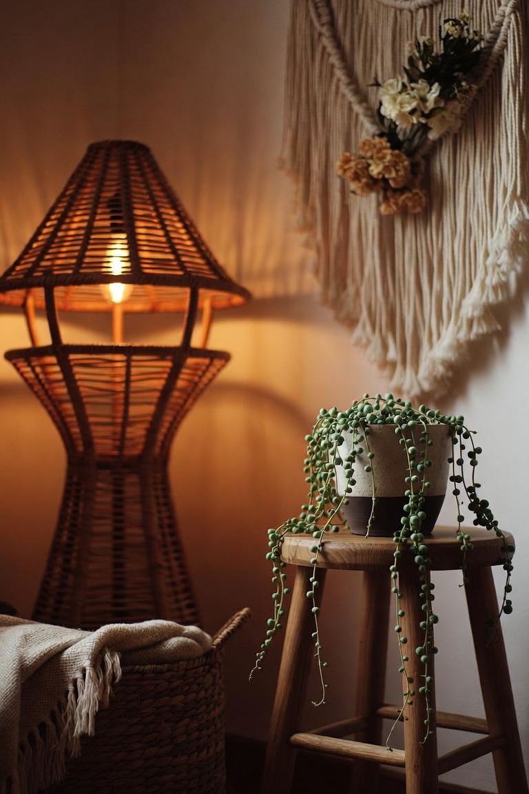 boho bedroom corner with rattan floor lamp macrame wall art and trailing plants