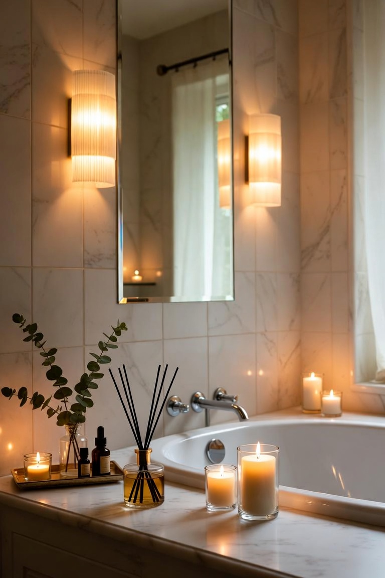 spa bathroom details arrangement bath salts candles white towel small succulent warm tones