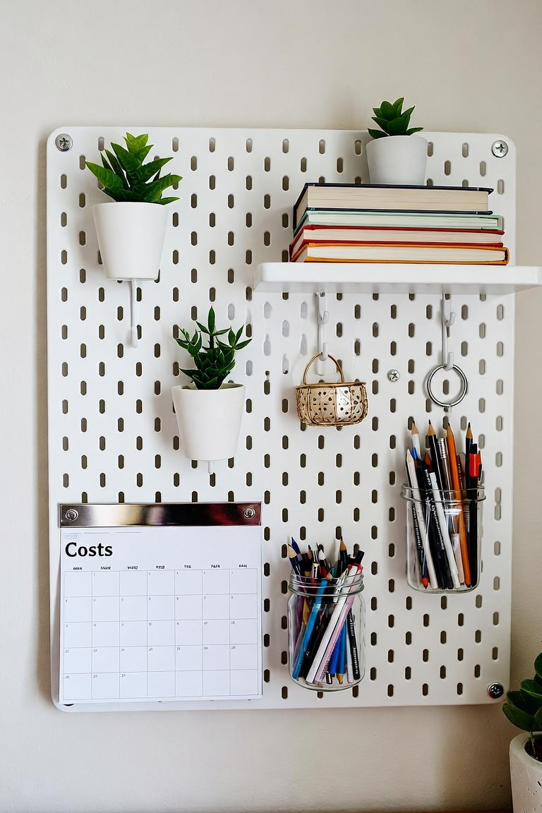 organized home office pegboard on wall with hooks small plants shelves with books calendar and pens in jar