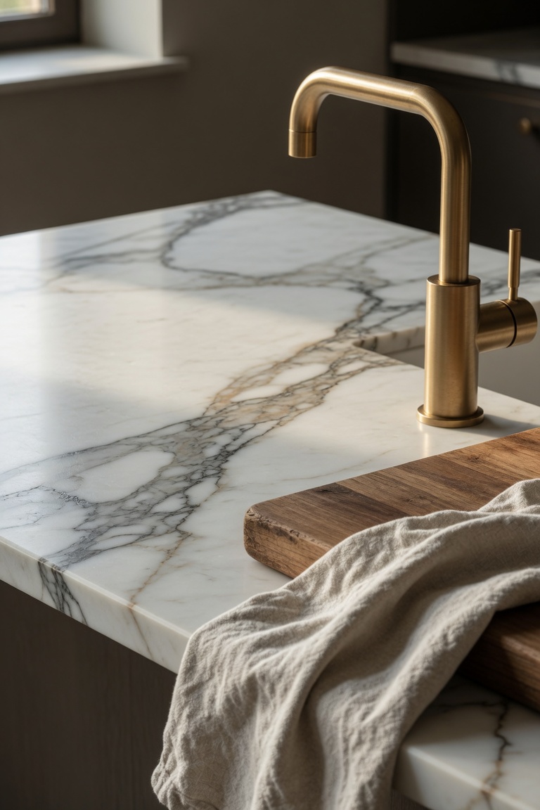 luxury kitchen countertop white marble brushed brass faucet wooden cutting board and linen dish towel
