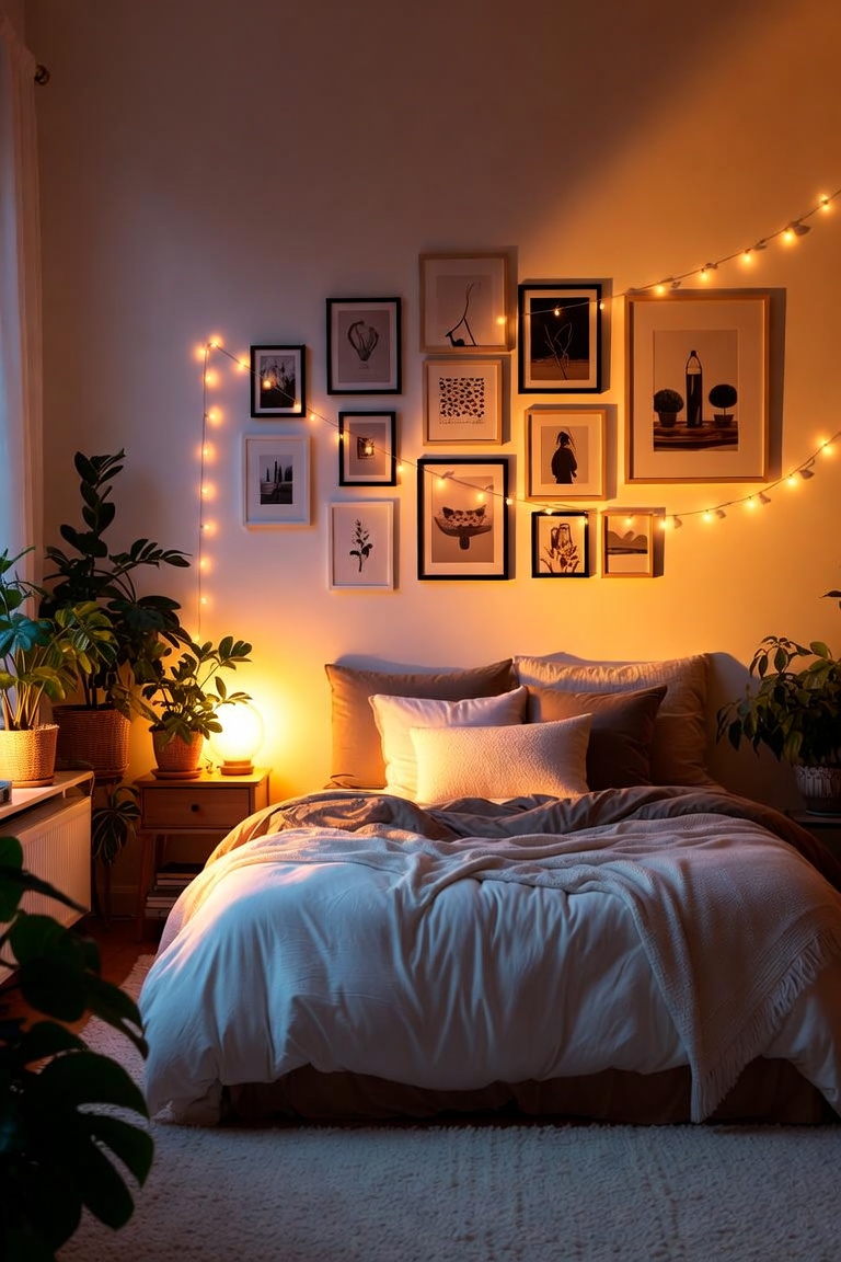 dreamy aesthetic bedroom overview with layered bedding gallery wall string lights plants and golden lighting