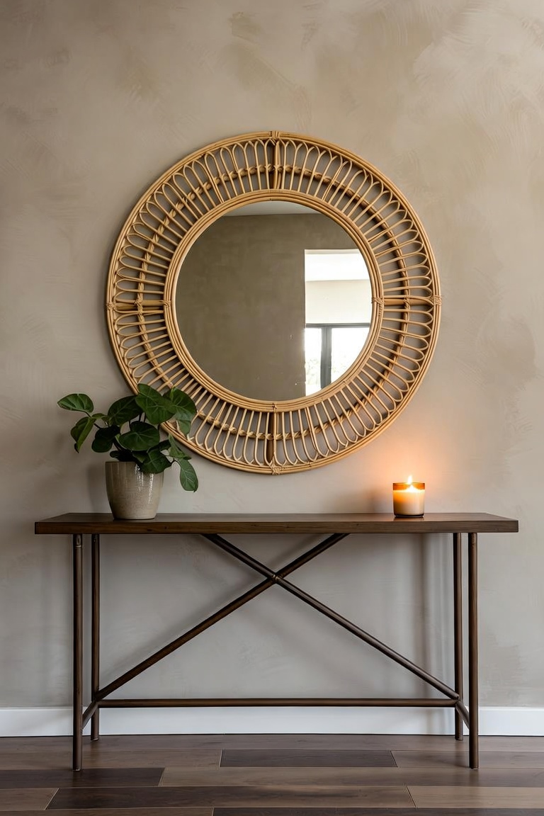 large round rattan arched gold statement mirror above console table with small plant and candle entryway
