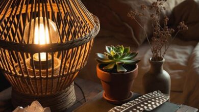 boho bedroom decor ideas with rattan bed frame layered pillows and macrame wall hanging