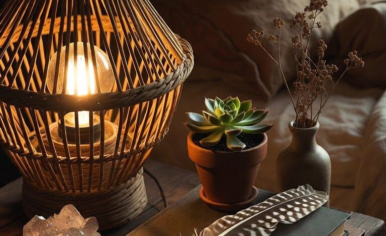 boho bedroom decor ideas with rattan bed frame layered pillows and macrame wall hanging