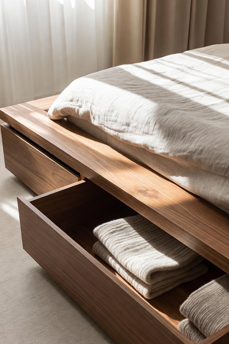 platform bed frame with built-in drawer open showing folded blankets