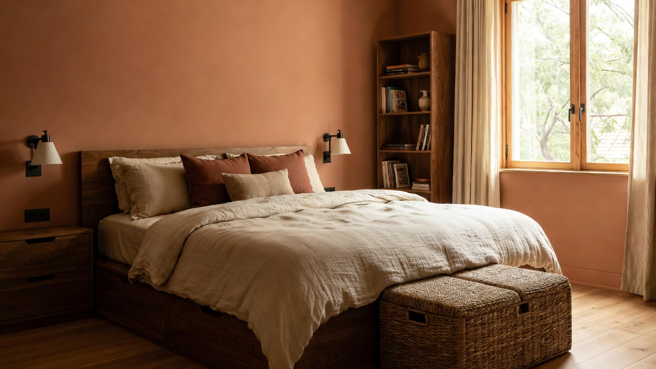 cozy styled small bedroom with storage bench and tall bookcase