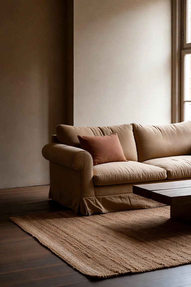 Warm minimalist living room with linen sofa, terracotta pillow, and jute rug