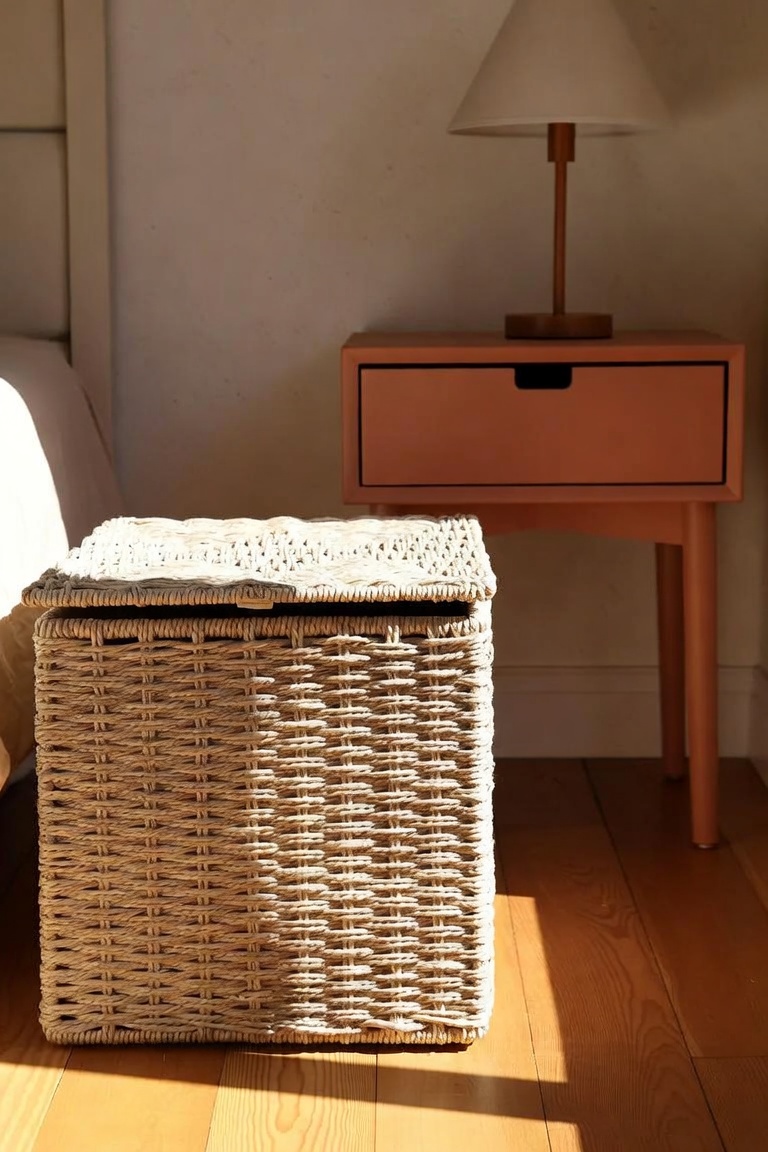 storage ottoman and nightstand with drawer open in small bedroom