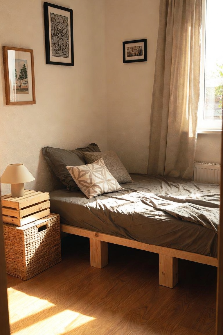 budget small bedroom with bed risers, wicker basket, and wood crate side table