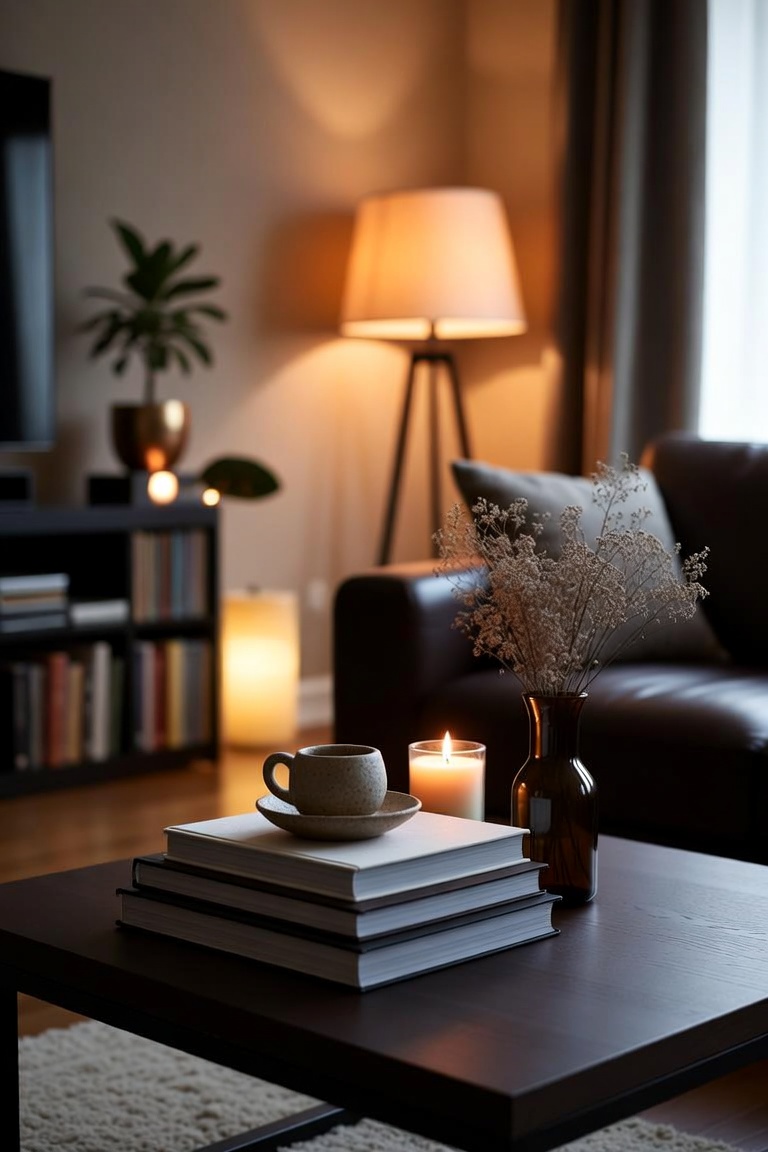 Styled coffee table with books, candle, and dried flowers under warm lamp light