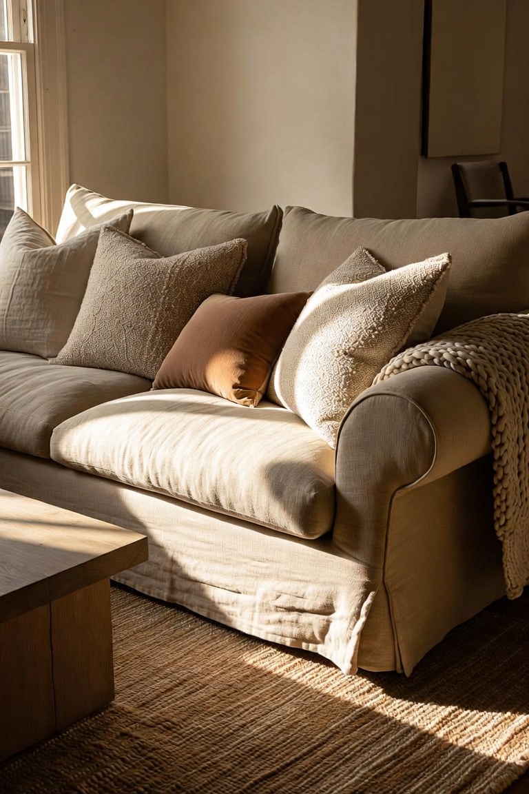 Layered linen, boucle, and terracotta throw pillows with a knit throw on a sofa
