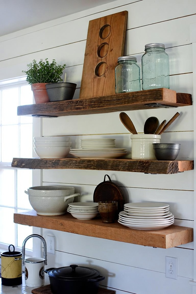 Farmhouse kitchen open shelving styled with mason jars, ceramic crocks, and cast iron