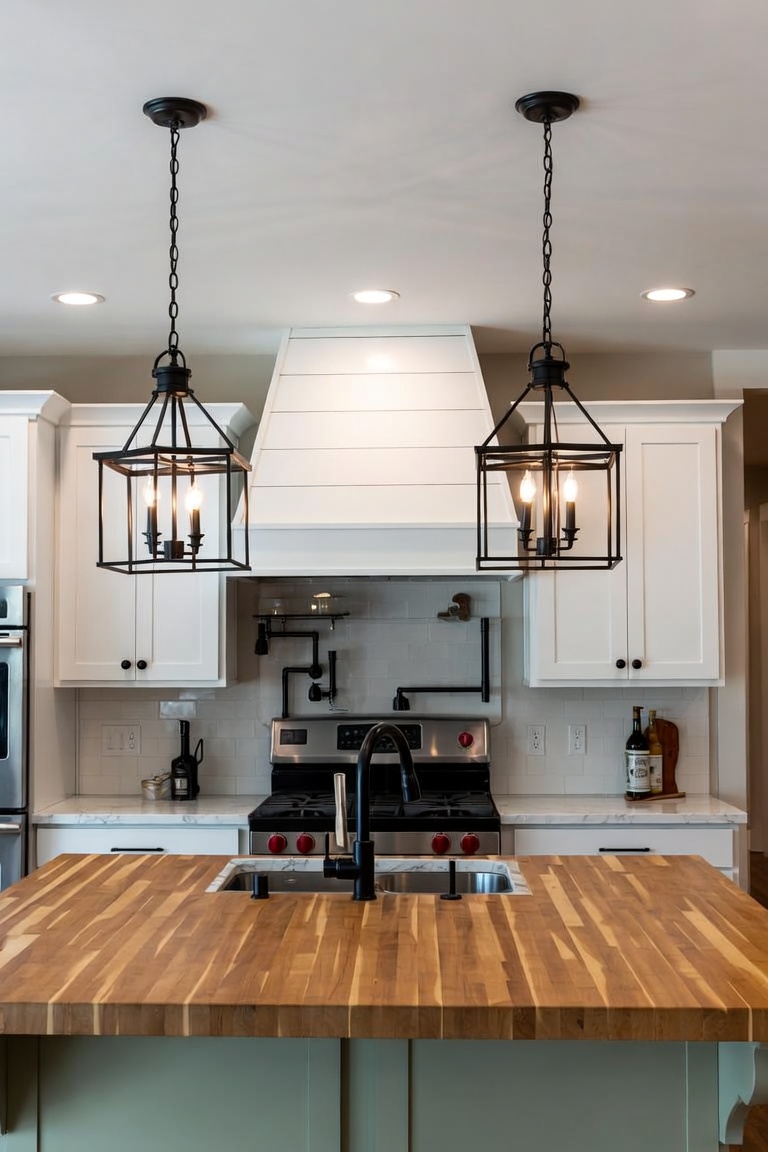 Farmhouse kitchen island with black pendant lighting and shiplap range hood