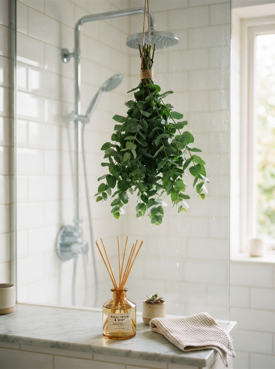 Eucalyptus bundle hanging from a shower head