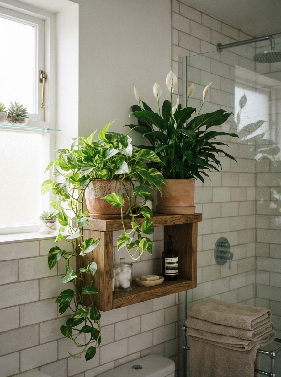 Trailing pothos and peace lily on a bathroom shelf
